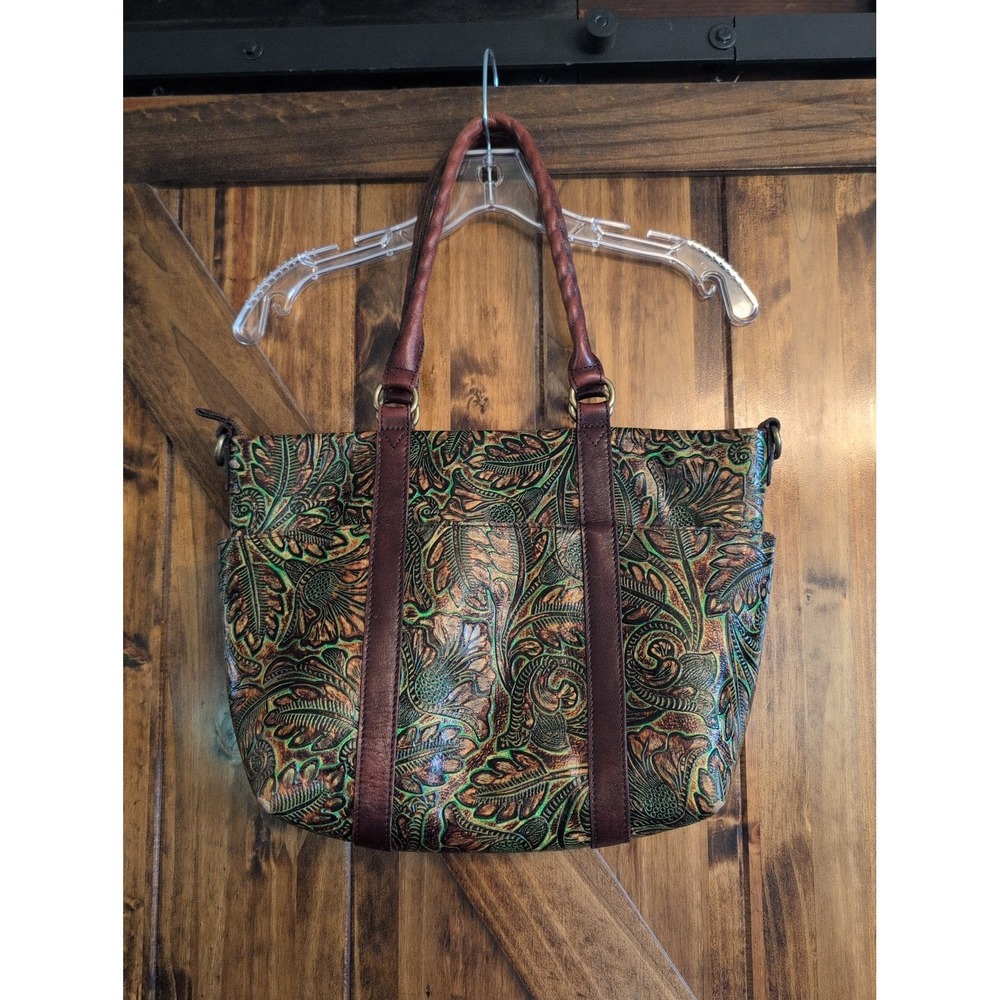 Patricia Nash Brown & Green Tooled Tote Purse Large